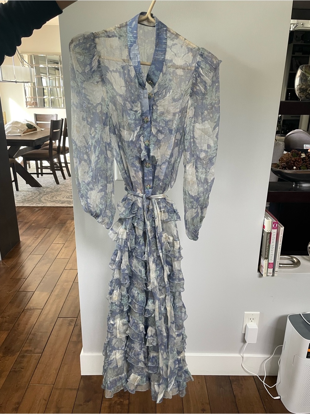 Zimmermann Blue and White Floral Ruffle Maxi Dress